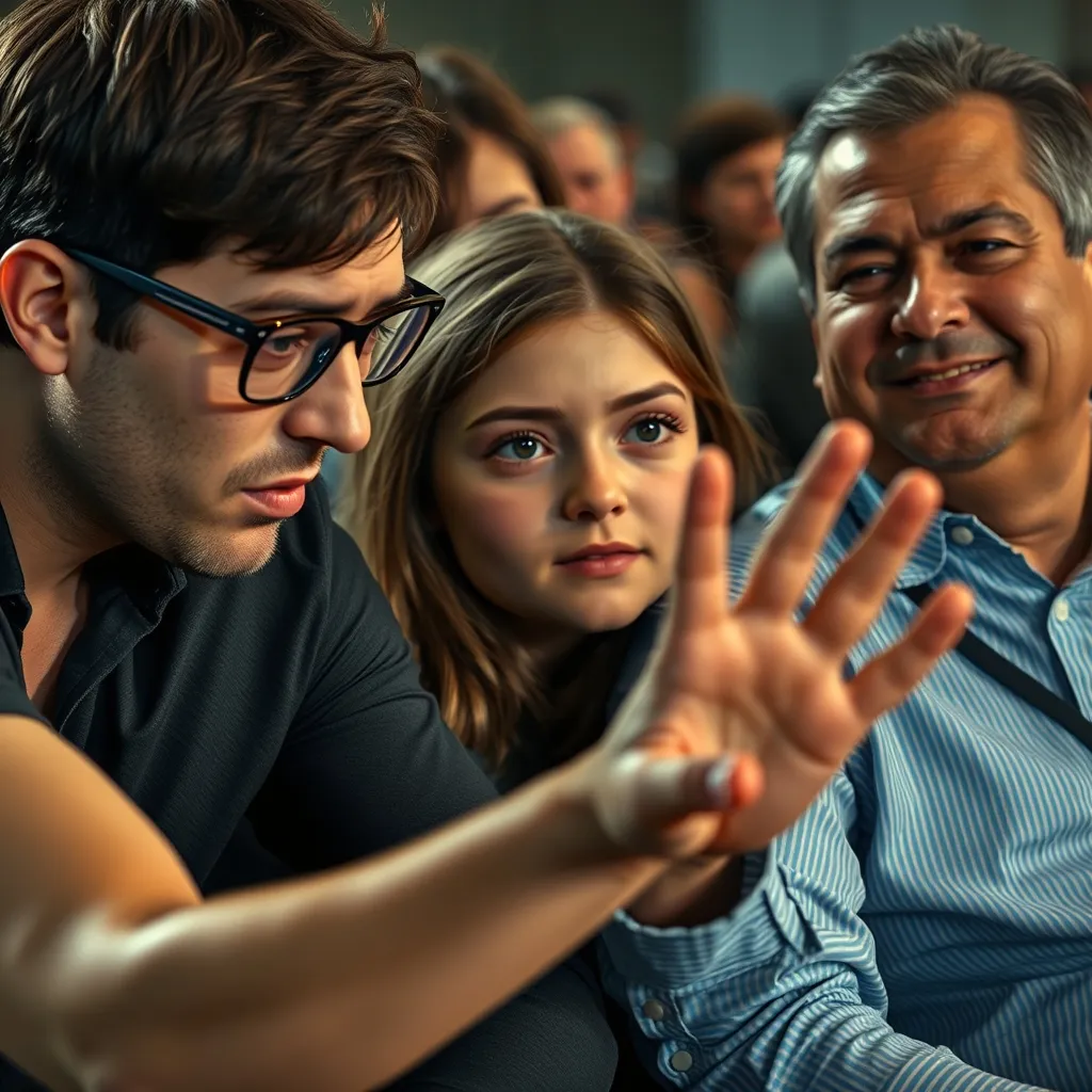 A bespectacled tech-bro leans in, eager, towards a girl sitting next to a smirking attendee, his face falling as she rai