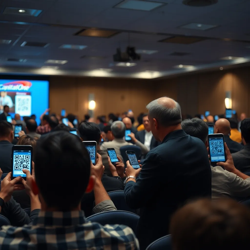 A crowded conference room in the Capital One building, dimly lit with a faint blue glow from PowerPoint slides, attendee