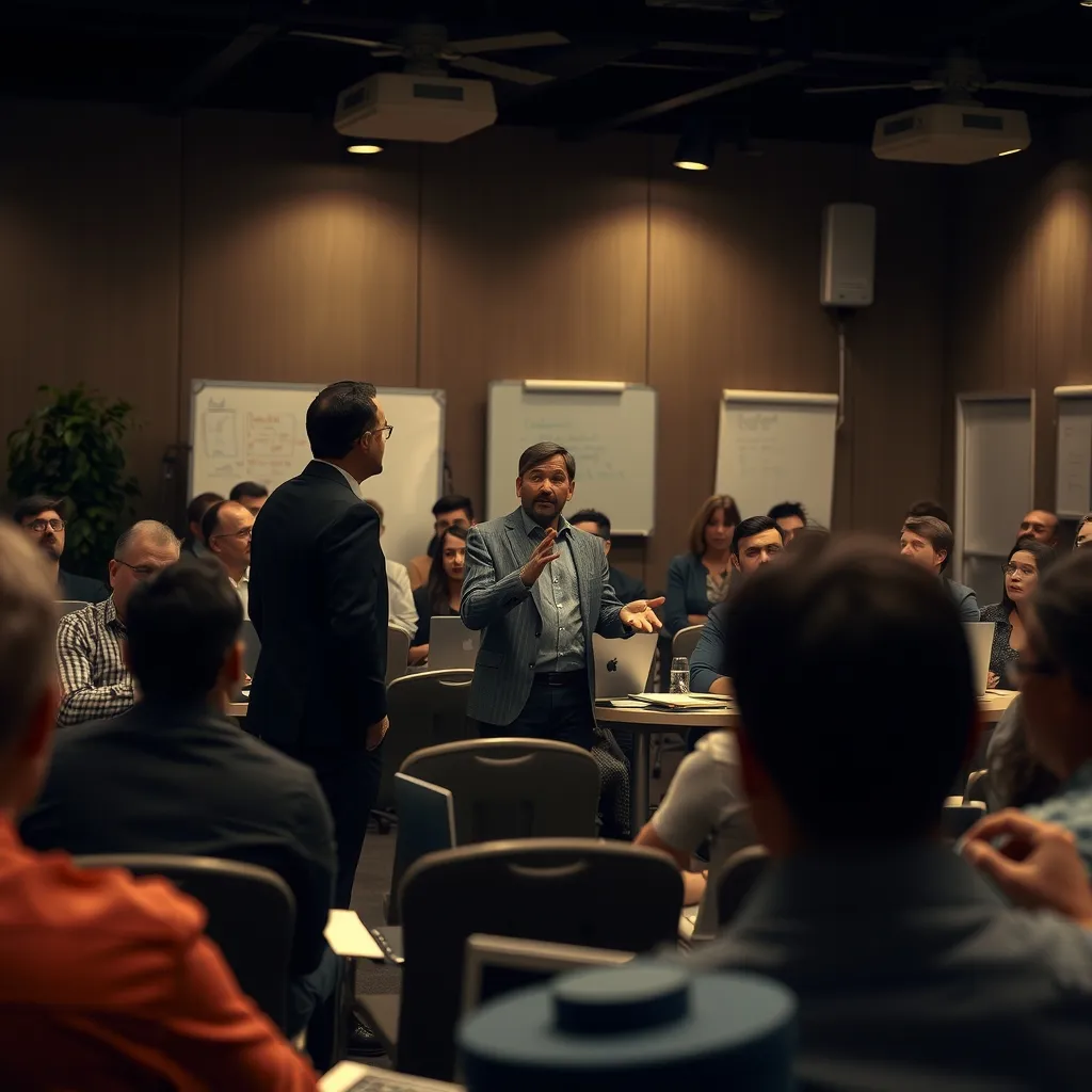 A crowded, dimly lit conference room with attendees seated in a circle, one man standing and talking at length, while ot