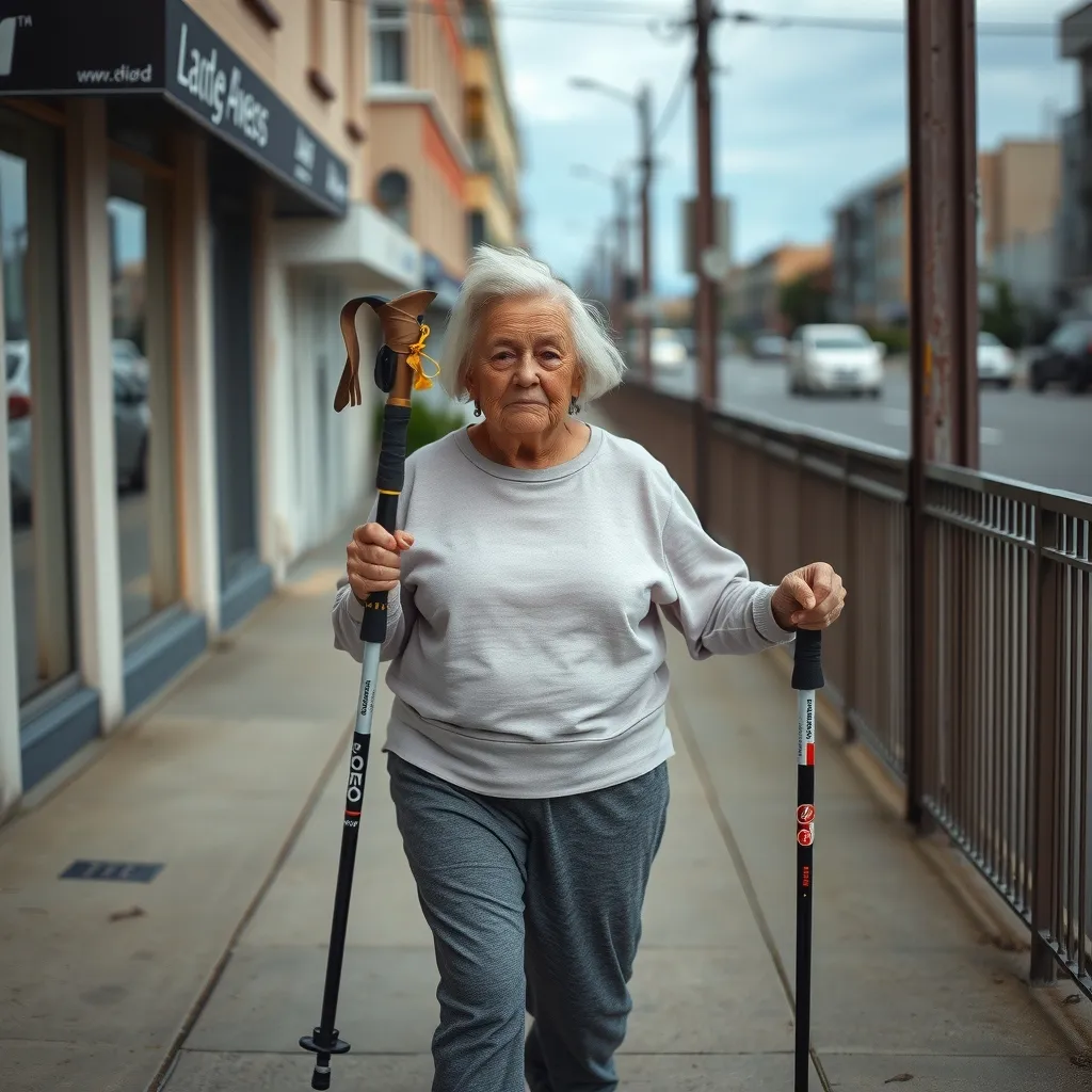 An elderly woman walks down a flat, paved sidewalk, using two heavy-duty alpine hiking poles, her determined expression 