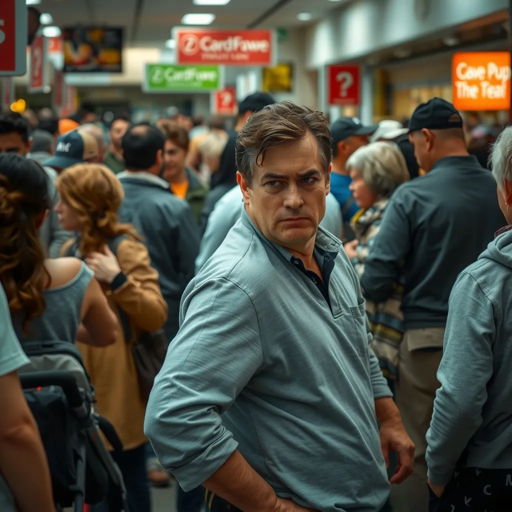 A crowded food court, people gather around a large map, a man with a baby stroller collides with another, his face scrun