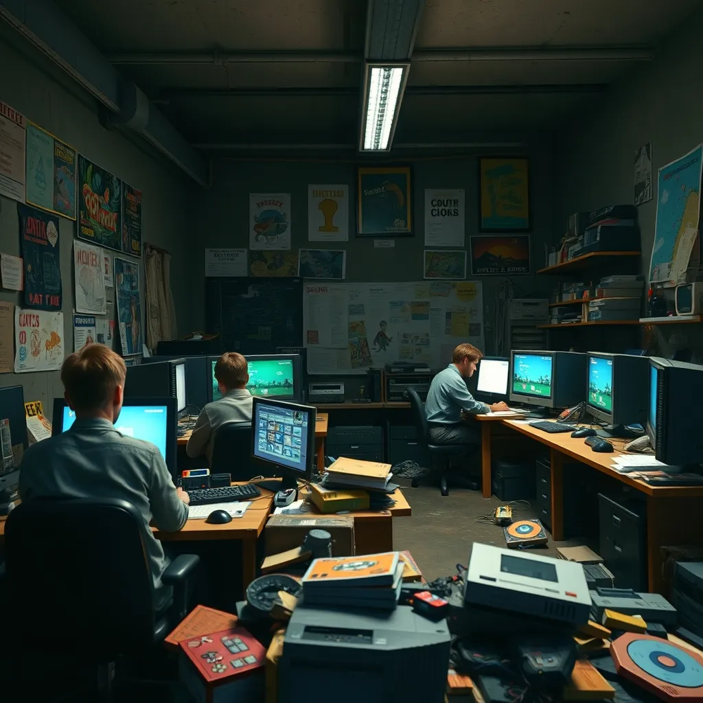 A dimly lit, cluttered game development office, with nostalgic posters and old consoles scattered around, a team of deve