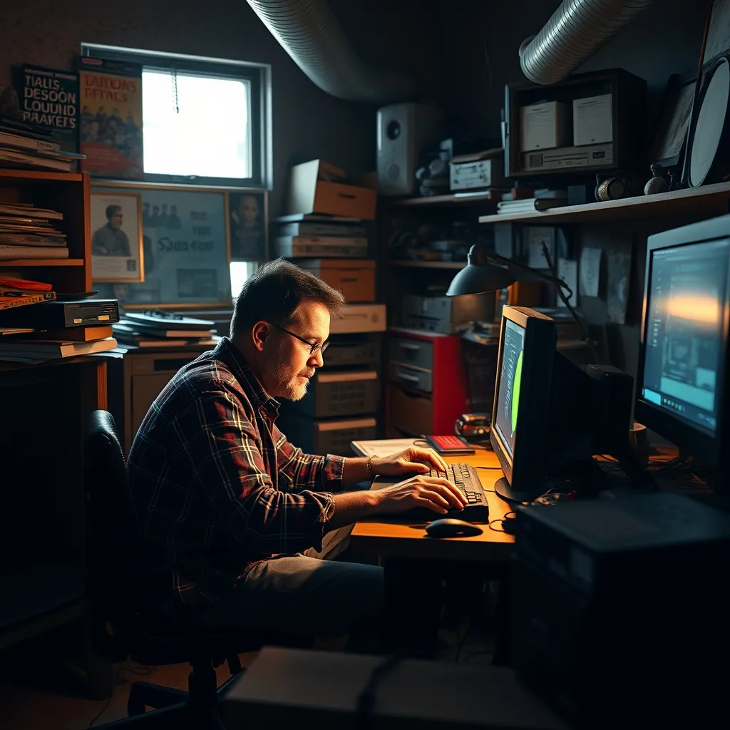 A dimly lit, cluttered game development studio, with veteran developers huddled around a computer, meticulously crafting