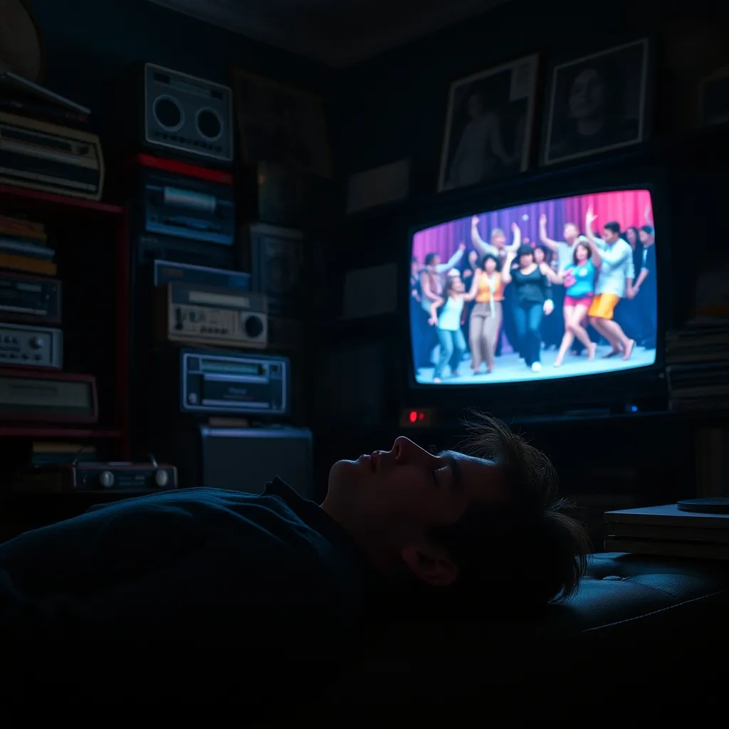 A person slumps, eyes covered, amidst a darkened room filled with vintage radios and vinyl records, as a bright, gaudy l