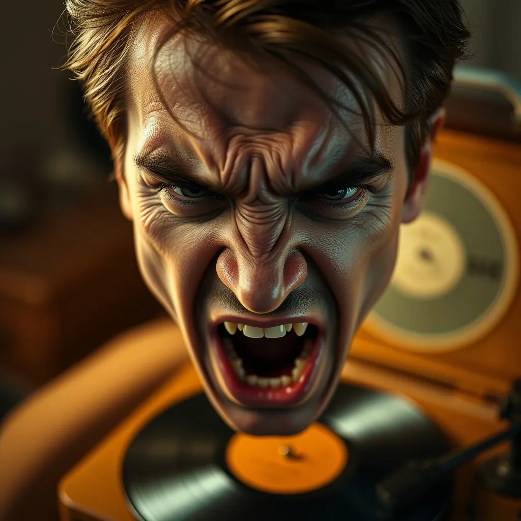 A person's face contorts in rage, eyes clenched, as a vintage record player spins in the background, warm golden lightin