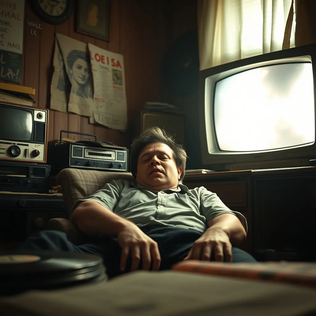 A person slumps in a dimly lit room, surrounded by outdated radios and vinyl records, with a look of exhaustion and disg