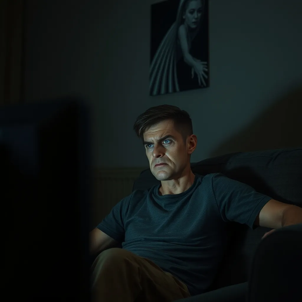 A person sits on a couch, scowling at a TV screen with a mixture of disgust and frustration, surrounded by a dimly lit r