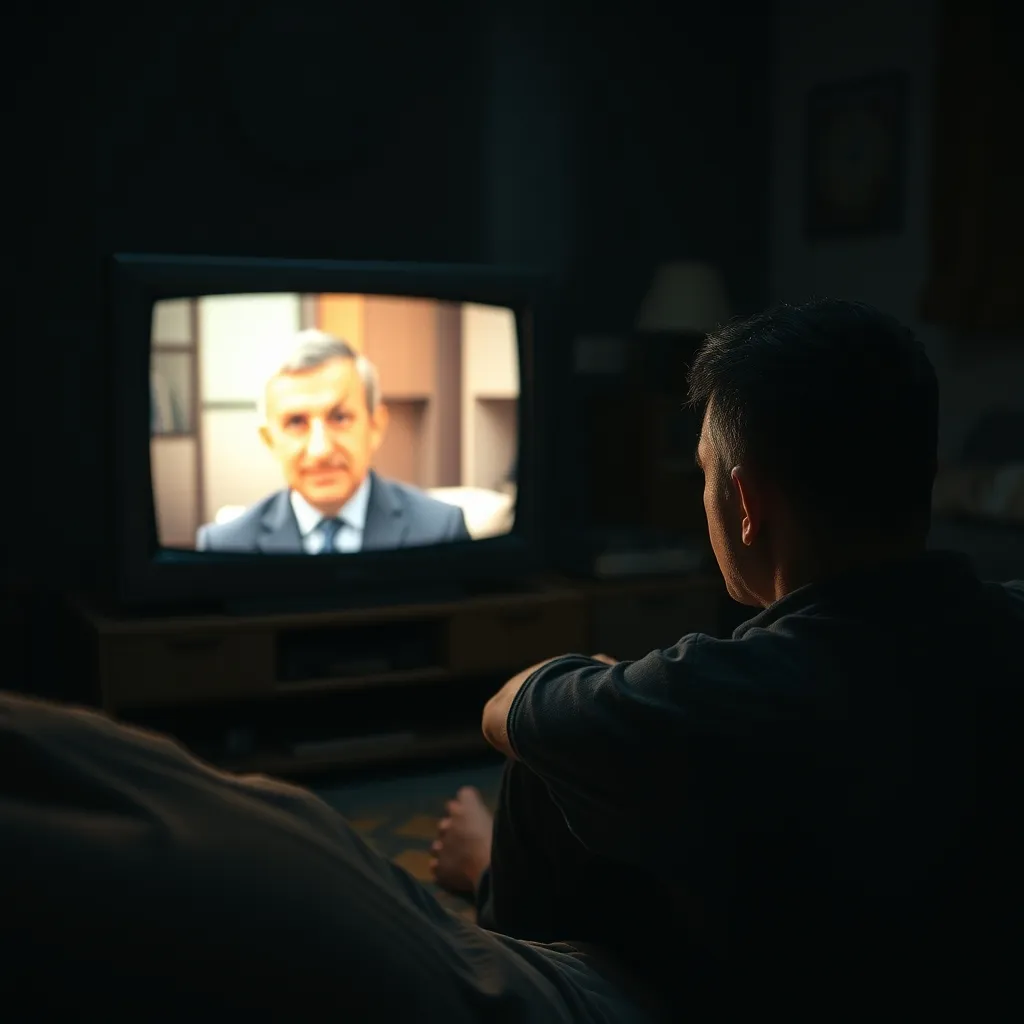 A person sits frozen, scowling at a vibrating TV, its plastic casing rattling violently, as a blurry, distorted image of