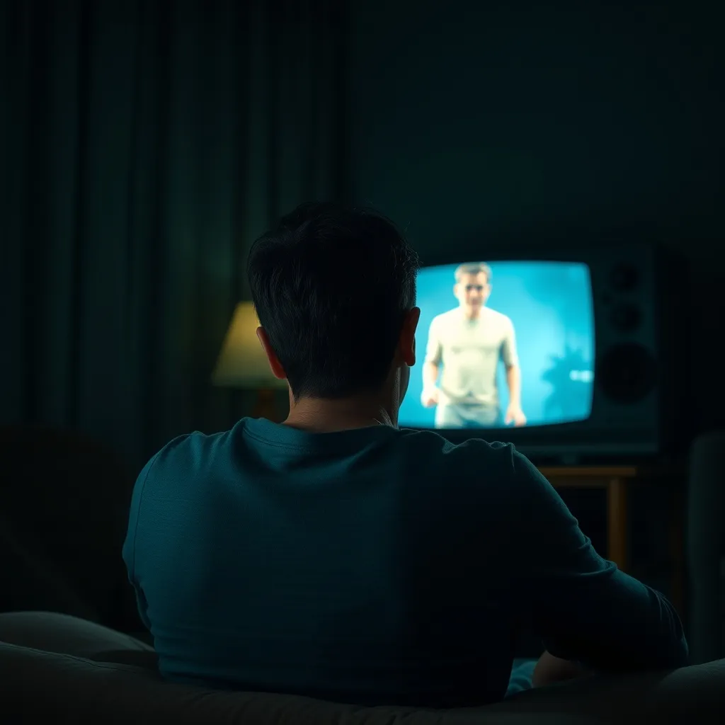 A person sits in a dimly lit room, scowling at a glowing TV, their face contorted in frustration, as the screen flickers