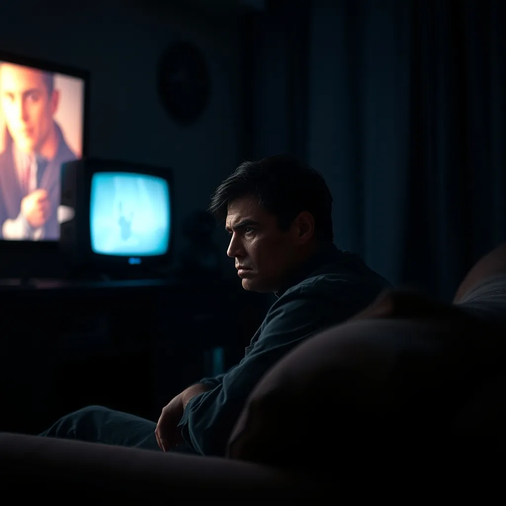 A person sits frozen on a couch, scowling at a TV with a blurry screen, surrounded by darkened room, dim lighting, and a