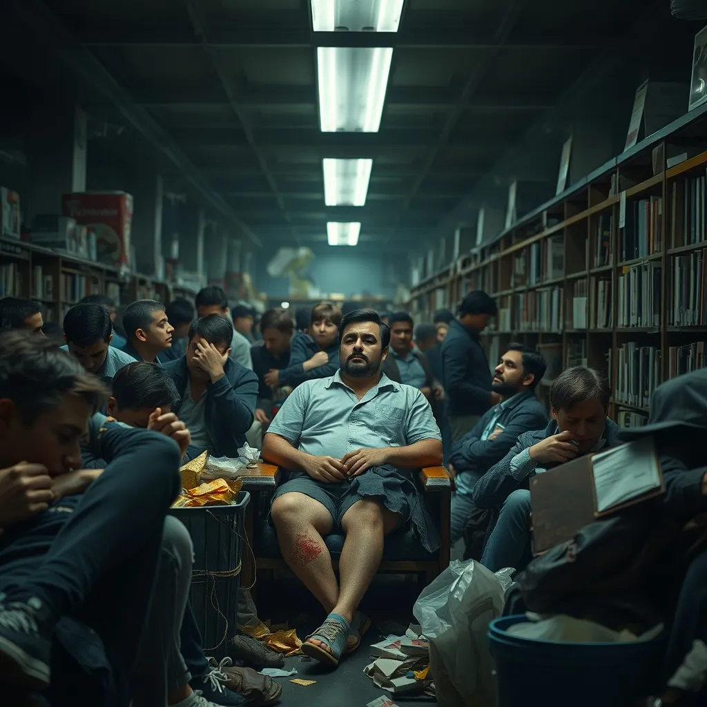 A crowded, dimly lit library with patrons surrounded by clutter, a man with a gaping leg wound sits amidst the chaos, as