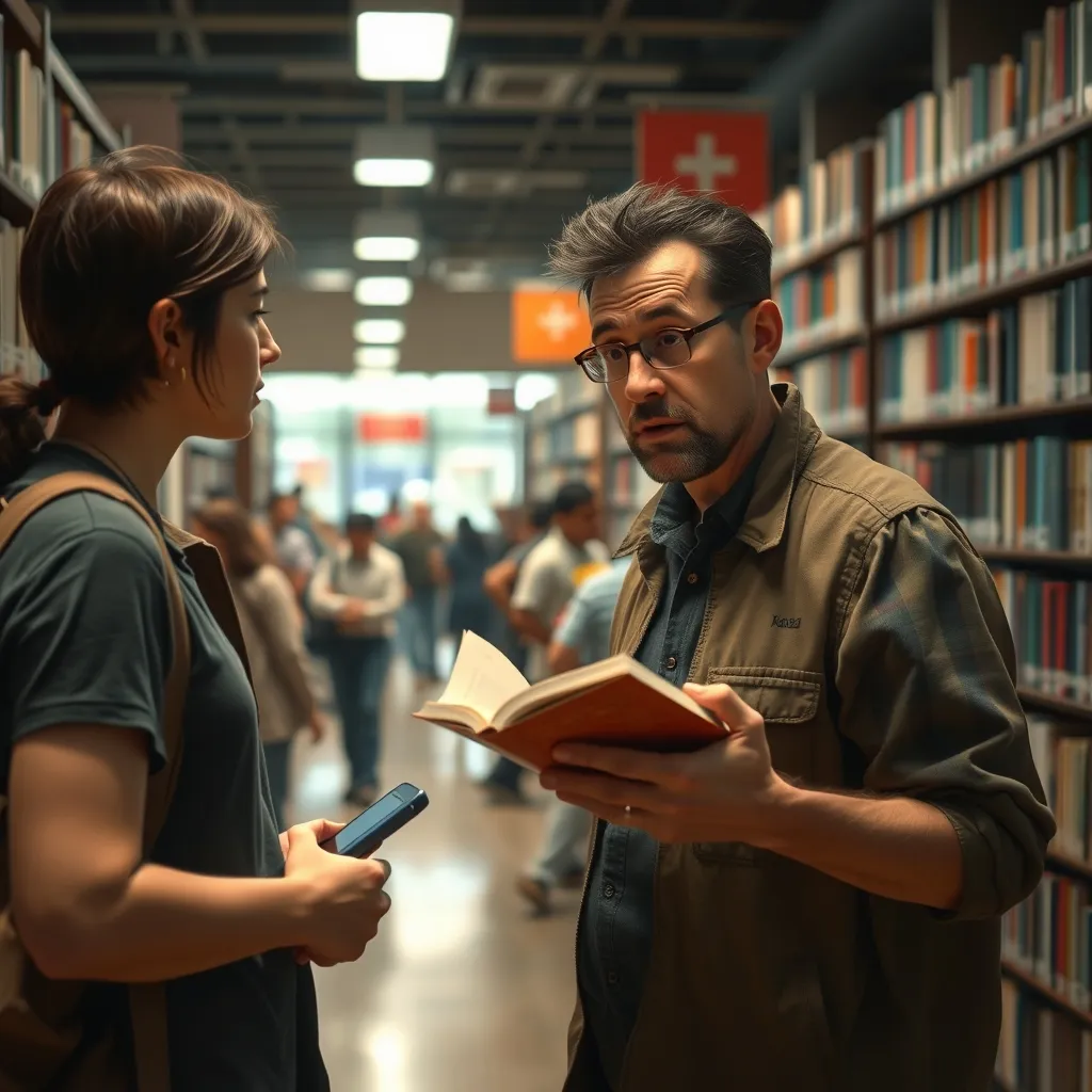 A frustrated reader stands in a noisy library, surrounded by chaotic patrons, holding a book and speaking to a glazed-ov