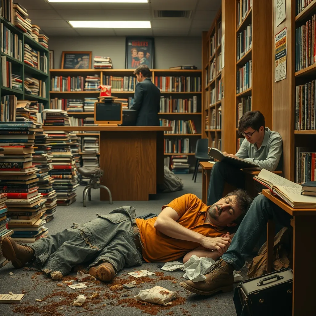 A librarian stands behind a desk, surrounded by stacks of books, as a disheveled person sleeps on the floor, surrounded 