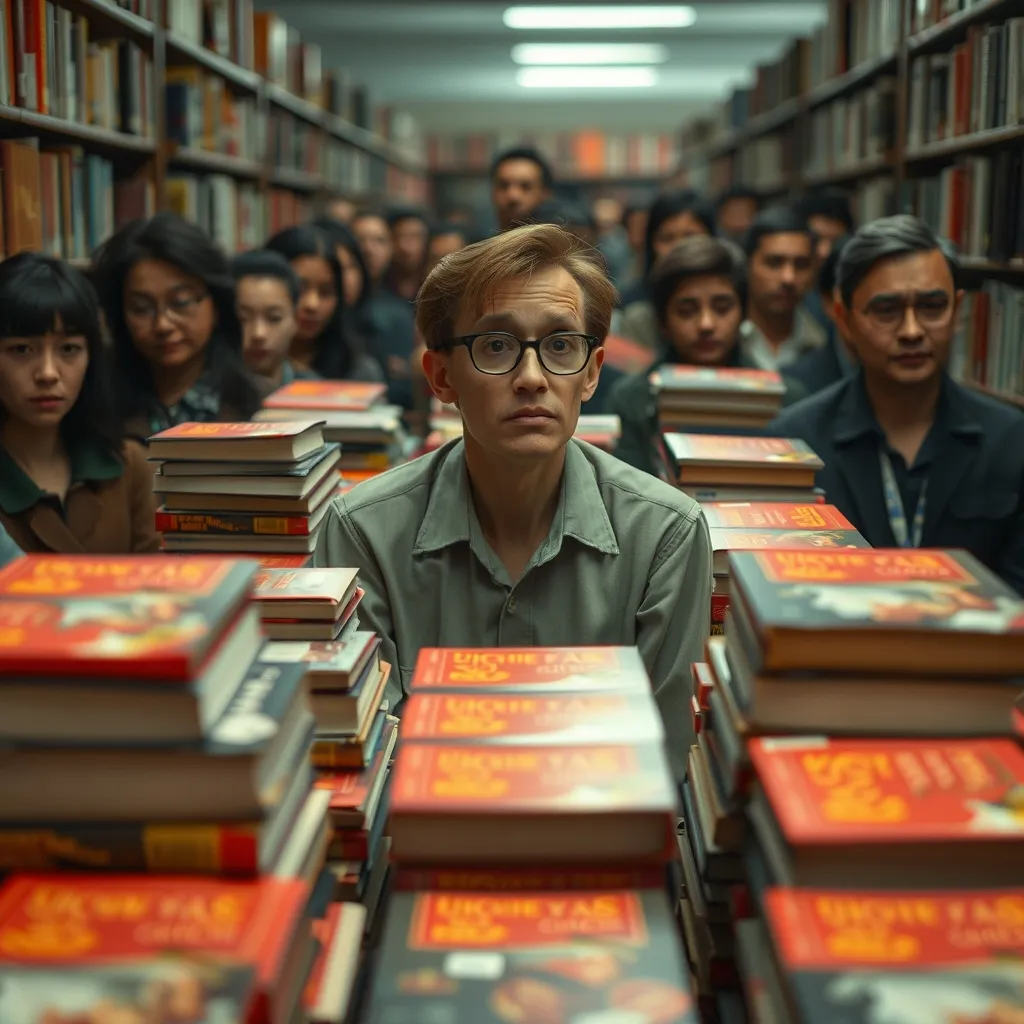A librarian, oblivious, sits amidst stacks of books with identical, gaudy covers, surrounded by a sea of silent, express