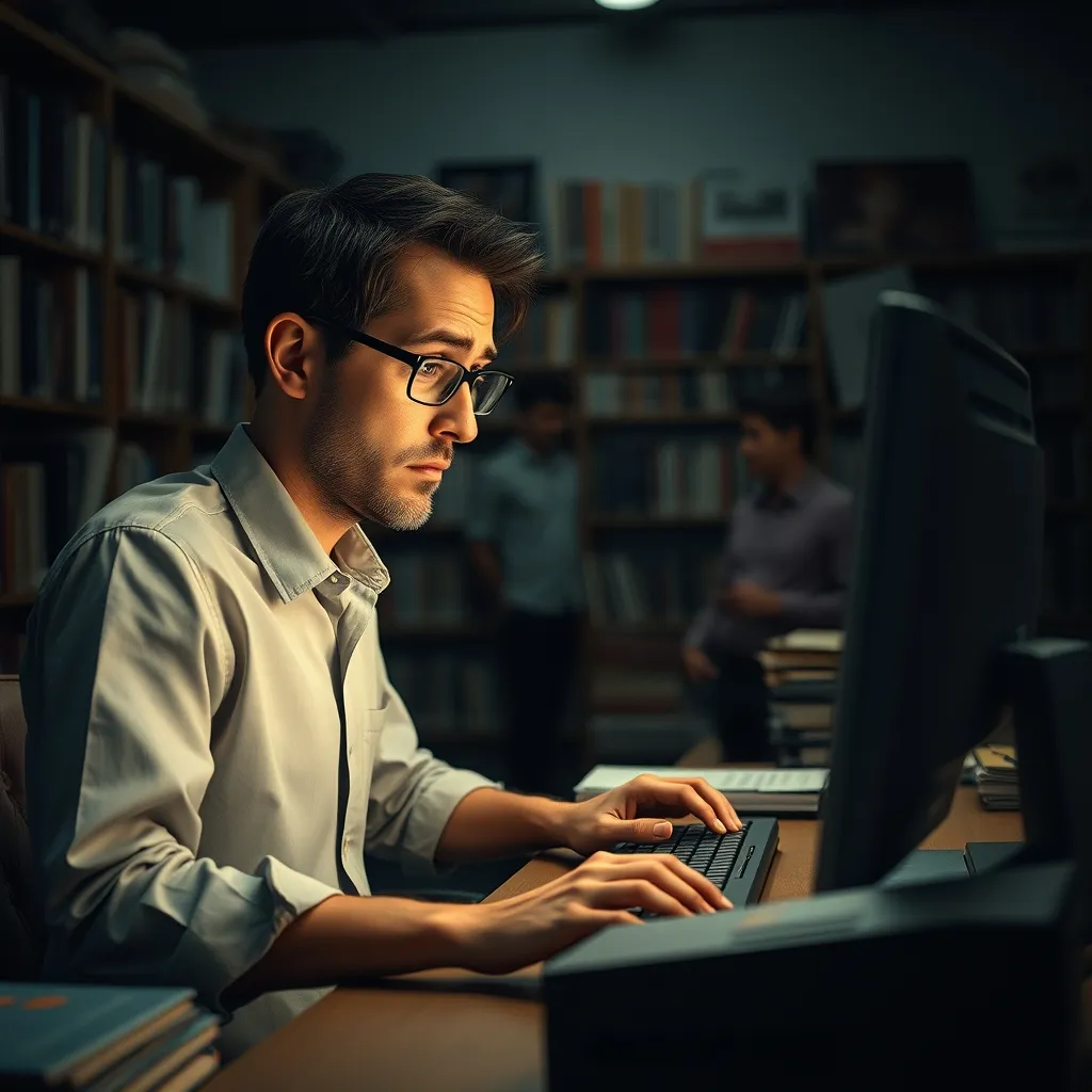 A befuddled librarian stares blankly at a computer screen, fingers poised over the keyboard, as a patron stands expectan