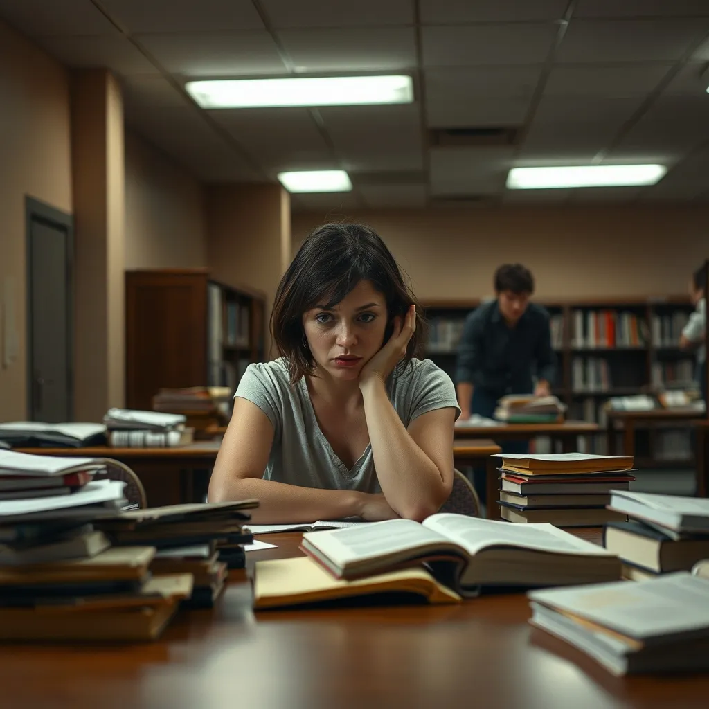 A woman sits at a library table, surrounded by scattered books and papers, wincing as a disheveled person in the backgro