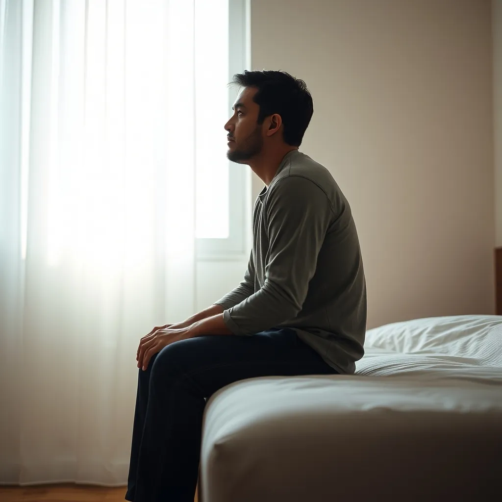 A man sits alone on the edge of a bed, staring at a blank wall with a hint of calm dignity, soft natural light spilling 