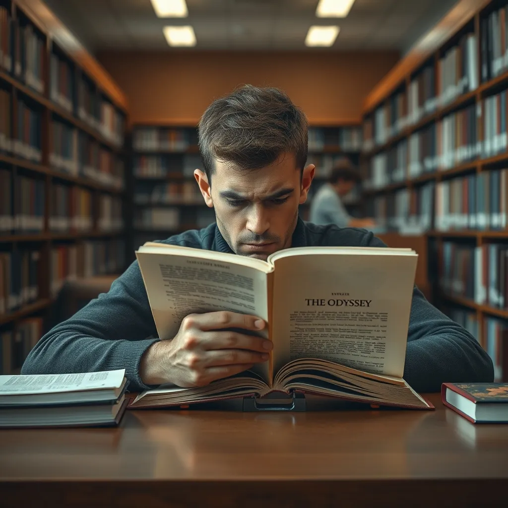 A person sits alone at a library table, surrounded by shelves of books, staring blankly at an open copy of The Odyssey, 