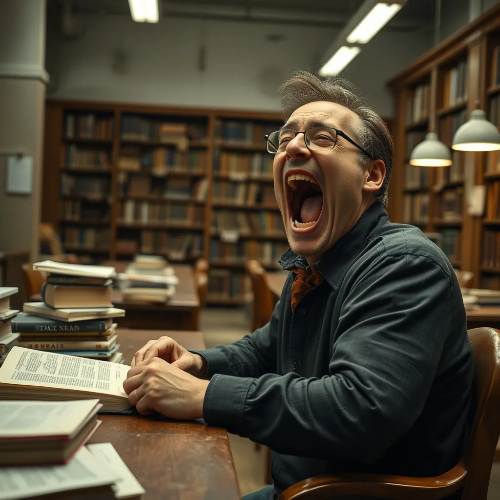 A reader sits at a cluttered library table, surrounded by stacks of books, as a librarian at a nearby desk lets out a ma