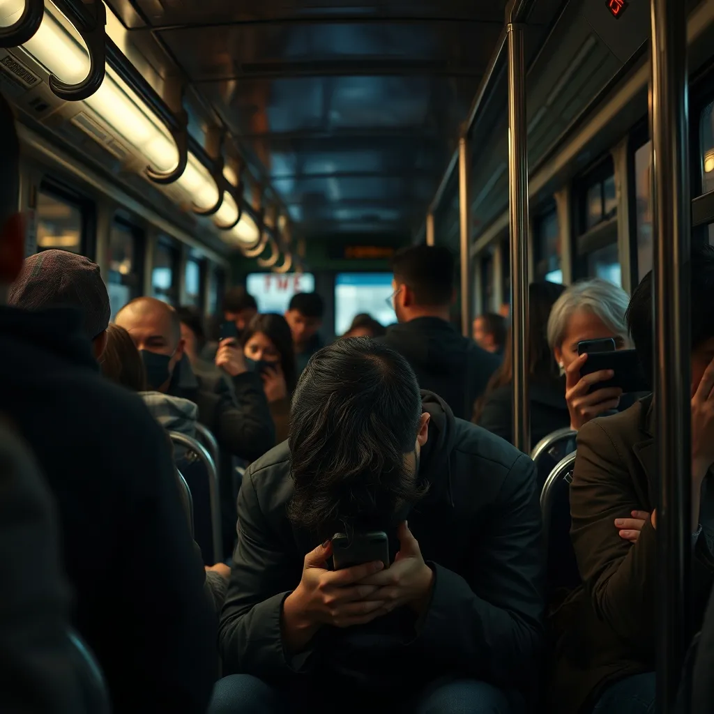 A crowded city bus at dusk, passengers yelling on speakerphone, a man in the back blasts distorted music from his phone,