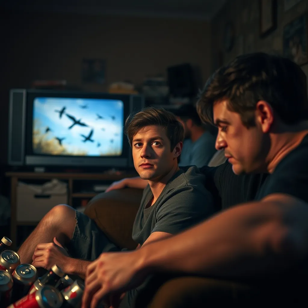 A person sits on a couch, eyes glazed, as a TV plays in the background with birds flying in a circle, while their friend