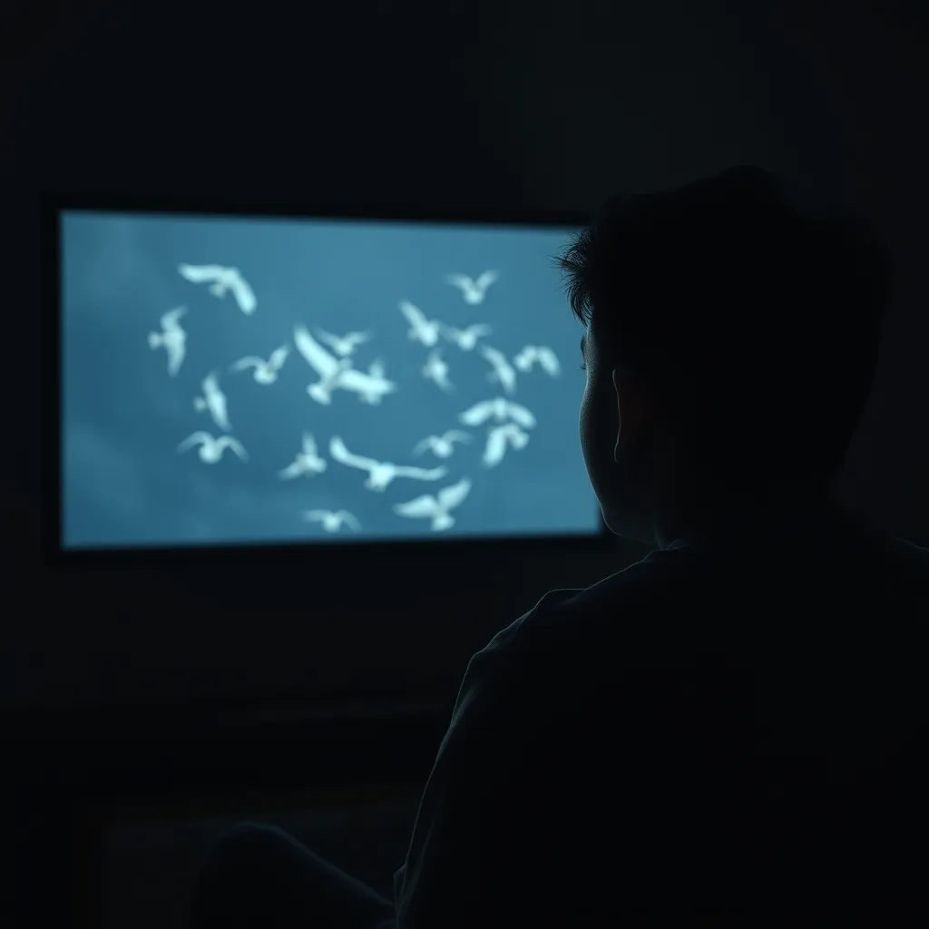 A person sits in a dimly lit room, staring blankly at a TV screen displaying a flock of birds flying in a circle, their 