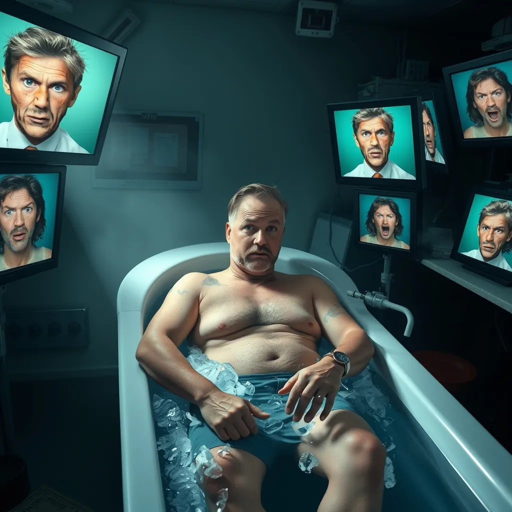 A man sits in an ice bath, his amputated hand visible, with a mixture of shocked and confused faces reflected on screens