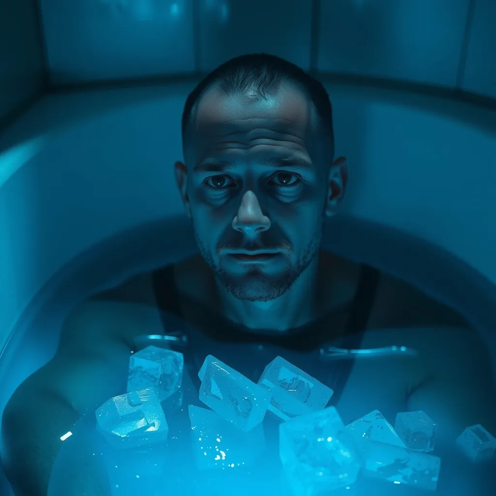 A man with a missing hand sits in an ice bath, surrounded by dim blue lighting, his face expressionless as he stares ahe