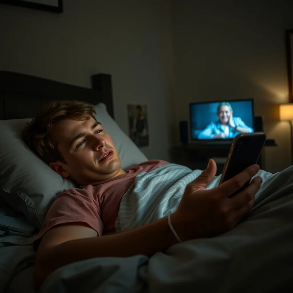 A person lies in bed, scrolling on their phone with a tired expression, amidst a dimly lit room with a TV playing in the