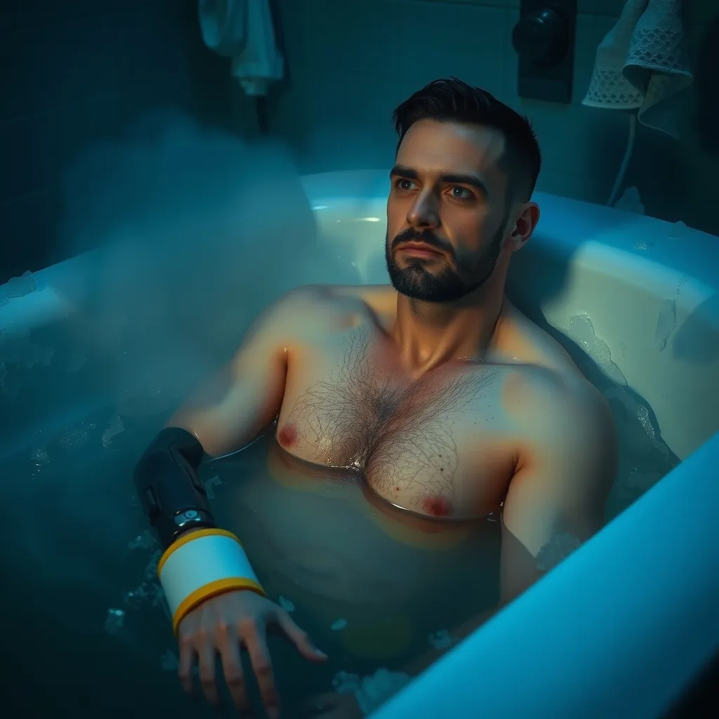 A man sits in a tub of icy water, his arm ending in a prosthetic stump, surrounded by frosty mist and dim blue lighting.