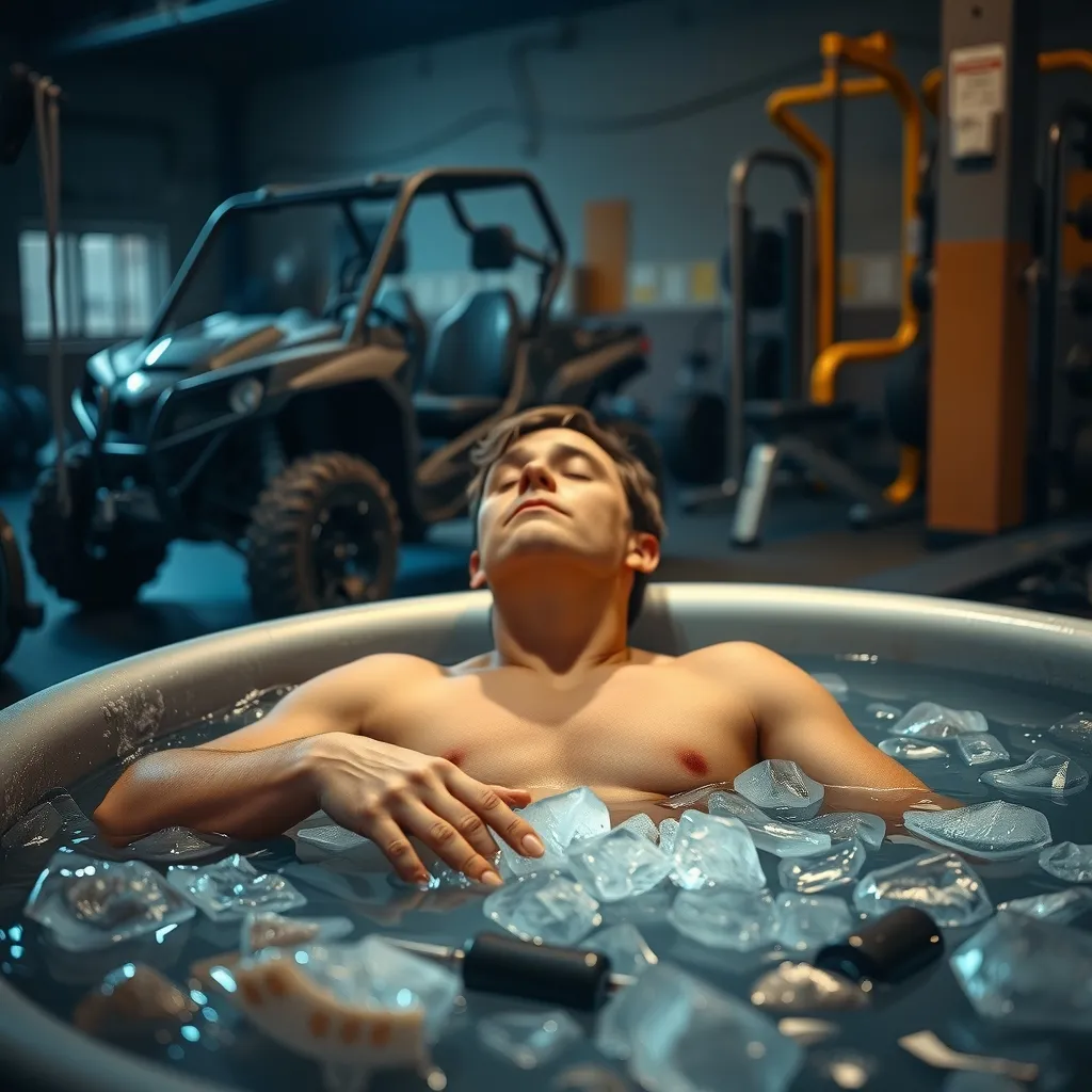A person with a missing hand sits in a cold ice bath, eyes closed, surrounded by dimly lit gym equipment, with a UTV par