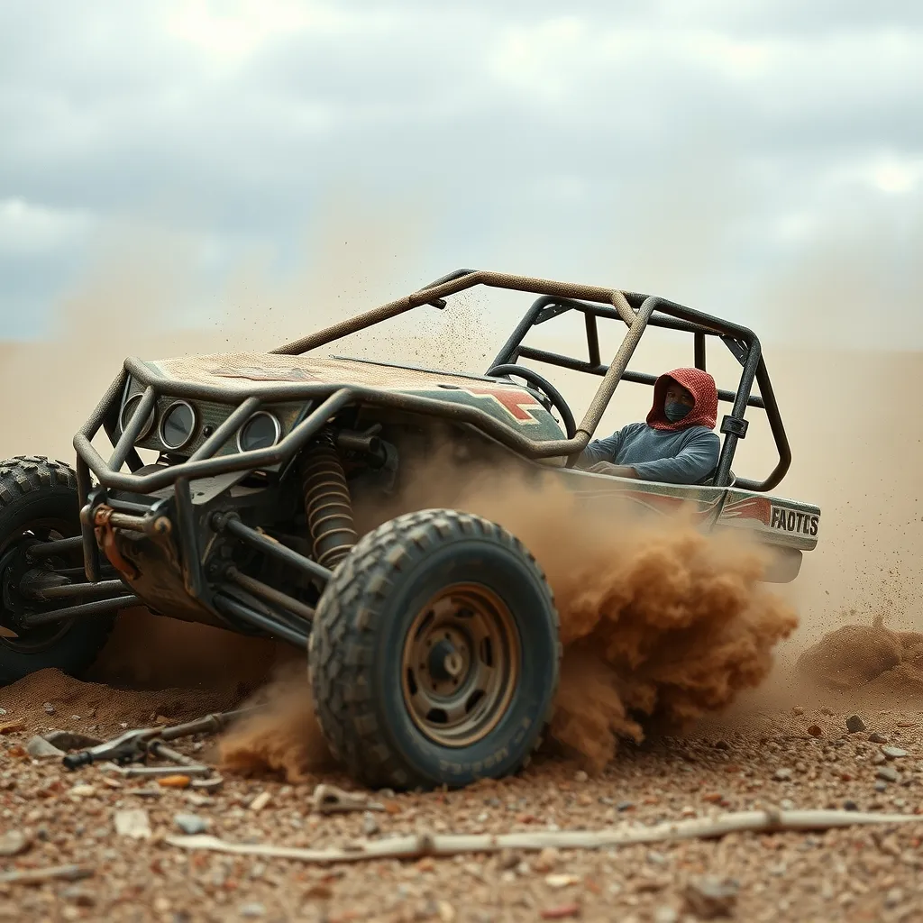 A dusty trail buggy lies overturned, its steel roll cage twisted, amidst a cloud of dirt and debris, under a bleak, over